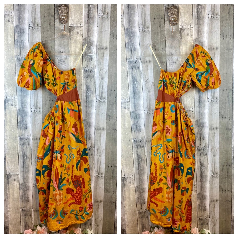 FARM Rio One Shoulder Maxi Dress in Gold Size Small. - Picture 12 of 16